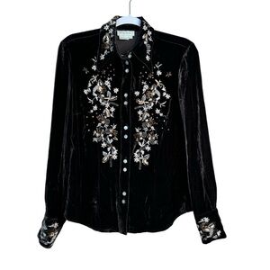 Votre Nom Vintage Blouse Womens S Silk Velour Button up Floral Embroidery Beaded